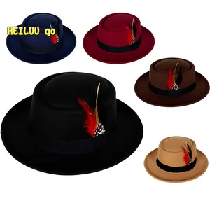 Men Fedora Hat With Feather Wool Felt Cap Top Hat For Daily Stages Costume Accessories Feathered Top Hat, Small Flat-topped Men's Felt Hat