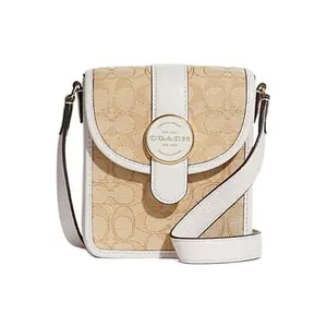 Coach N/S 15 Flap Crossbody Bag for Women, Adjustable Strap, Signature Jacquard and Pebbled Leather in Chambord