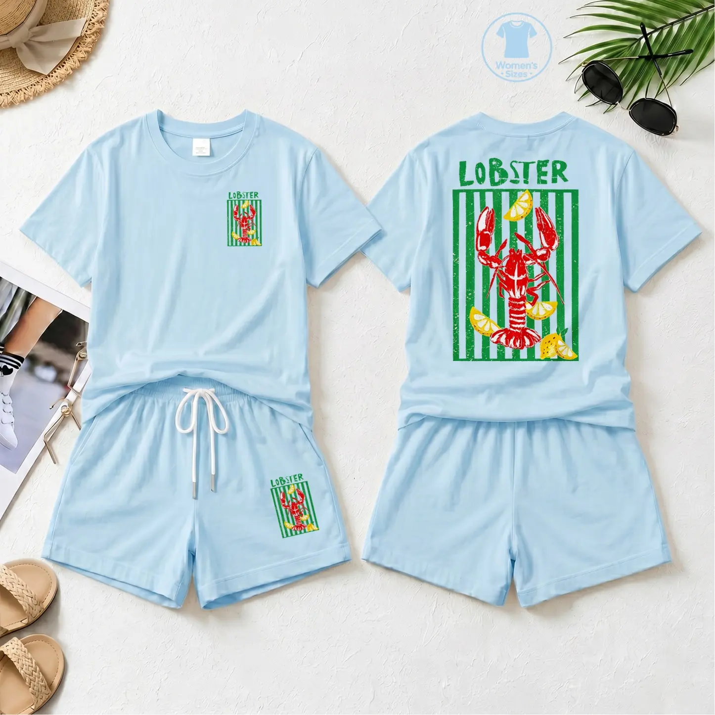 Women’s Lobster Print Pink Shorts Set, Summer Casual 2 Piece Outfit with Short Sleeve T Shirt and Elastic Waist Shorts, Cute Lemon Graphic Matching Set for Beach Vacation Travel and Everyday Wear