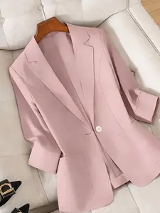 [Plus size] A women's solid color thin style fashionable and high-end seven quarter sleeve classic suit collar with double pocket design suit jacket, suitable for spring and summer, daily commuting, outdoor wear