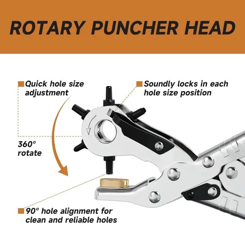 Labor-Saving Multifunctional Leather Punching Pliers, Heavy Duty Revolving Hole Punch Tool with Non-Slip Handle for Belts, Watch Straps, Dog Collars, Crafts & Office Use