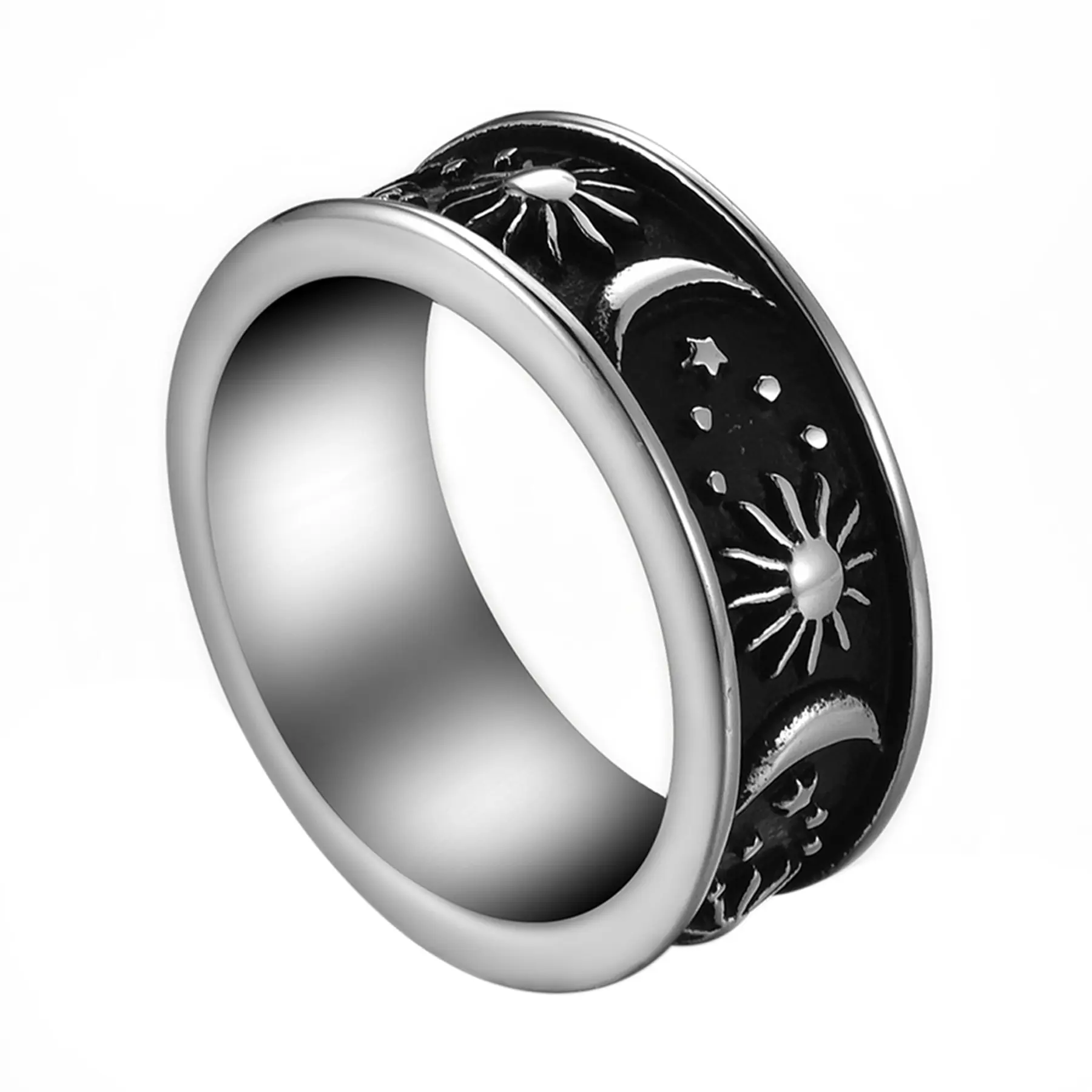 OIDEA Celestial Moon Star Sun Ring - 8MM Anti-Rust Stainless Steel Boho Statement Band, Sun Motif Rings for Men and Women, Anti-Rust Steel Rings
