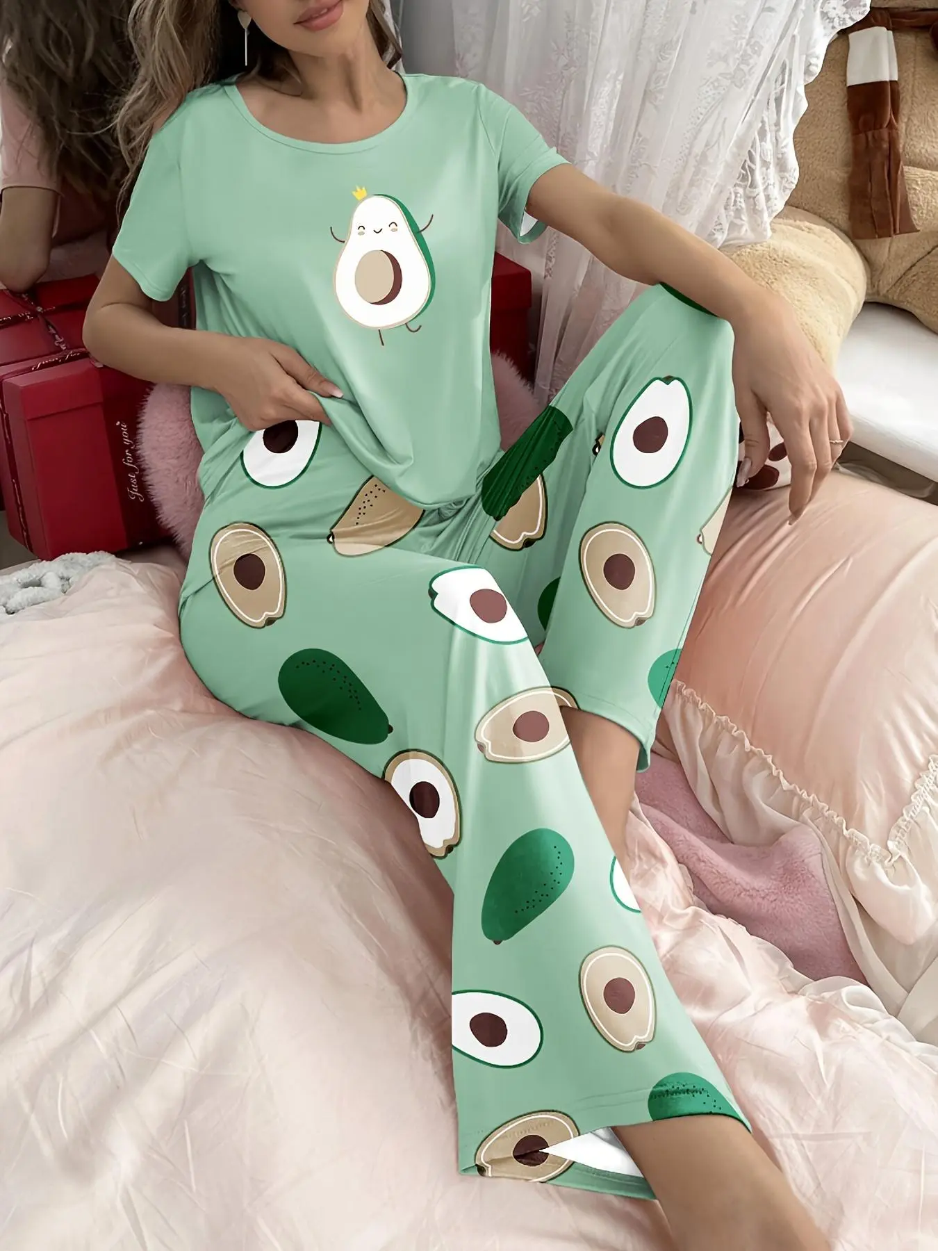 Women's Avocado Print Short Sleeve Tee & Elastic Waist Pants Pyjama, Casual Comfy Two-piece Matching Pj Set, Ladies Sleepwear & Loungewear, Nightwear Pjs, Matching Pajamas Sets, Pajamas for All Seasons, Pajamas for Adults