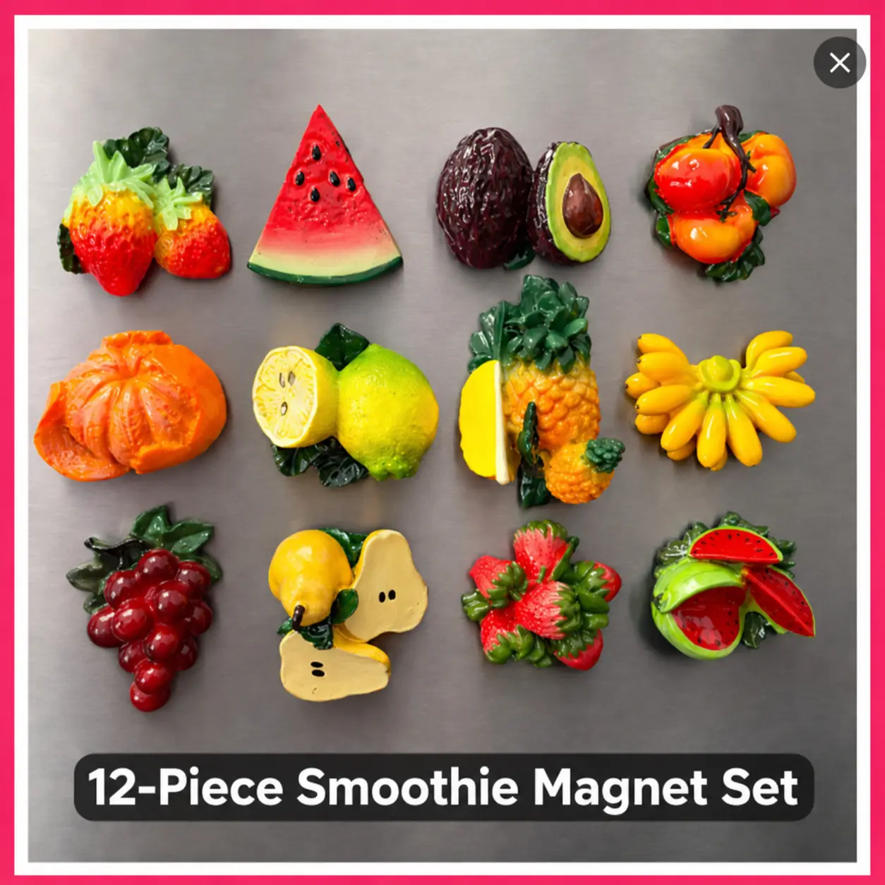 12-Piece Fruit Smoothie Fridge Magnet Set with Vibrant 3D Designs for Notes & Decorations Perfect for Home Office or Gifting