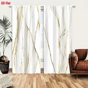 2D Flat 2-Pack White Marble Look Curtains with Golden Veins, Smooth Translucent Background, Flowing Organic Pattern, Elegant Modern Design with Gold Accents for Luxury Home Decor