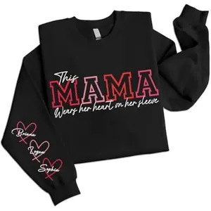 Personalized This Mama Wears Her Heart on Her Sleeve Sweatshirt, Mama Sweatshirt with Kid Names, Custom Shirt for Mom, Mothers Day Gift, New Mom Gift