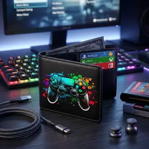 Boys Gaming Wallet - Leather RFID Blocking Zipper Wallet with Coin Pocket ID Window, Credit Card Cash Holder, Aesthetic Pattern, Perfect Gift for Teenager Kids Men Gamers, Gamepad Design, Secure and Stylish