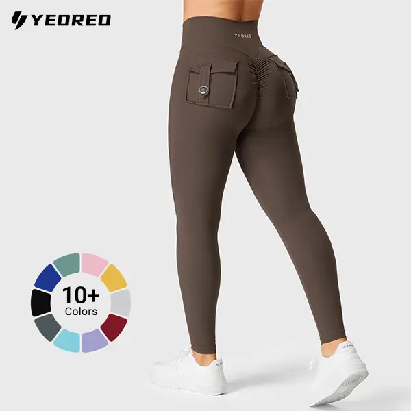 YEOREO CoreFlex Leggings with Pockets for Women - V Cross High Waist Scrunch Butt Lifting Gym Yoga Pants - 75% Nylon & 25% Spandex - Breathable & Swea
