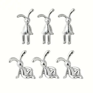6-piece silver plastic mini bunny statue Figurine-Nordic style Lopunny decorations Ornaments, used for New Year decoration, car decoration (3 sitting straight +3 sitting sideways).