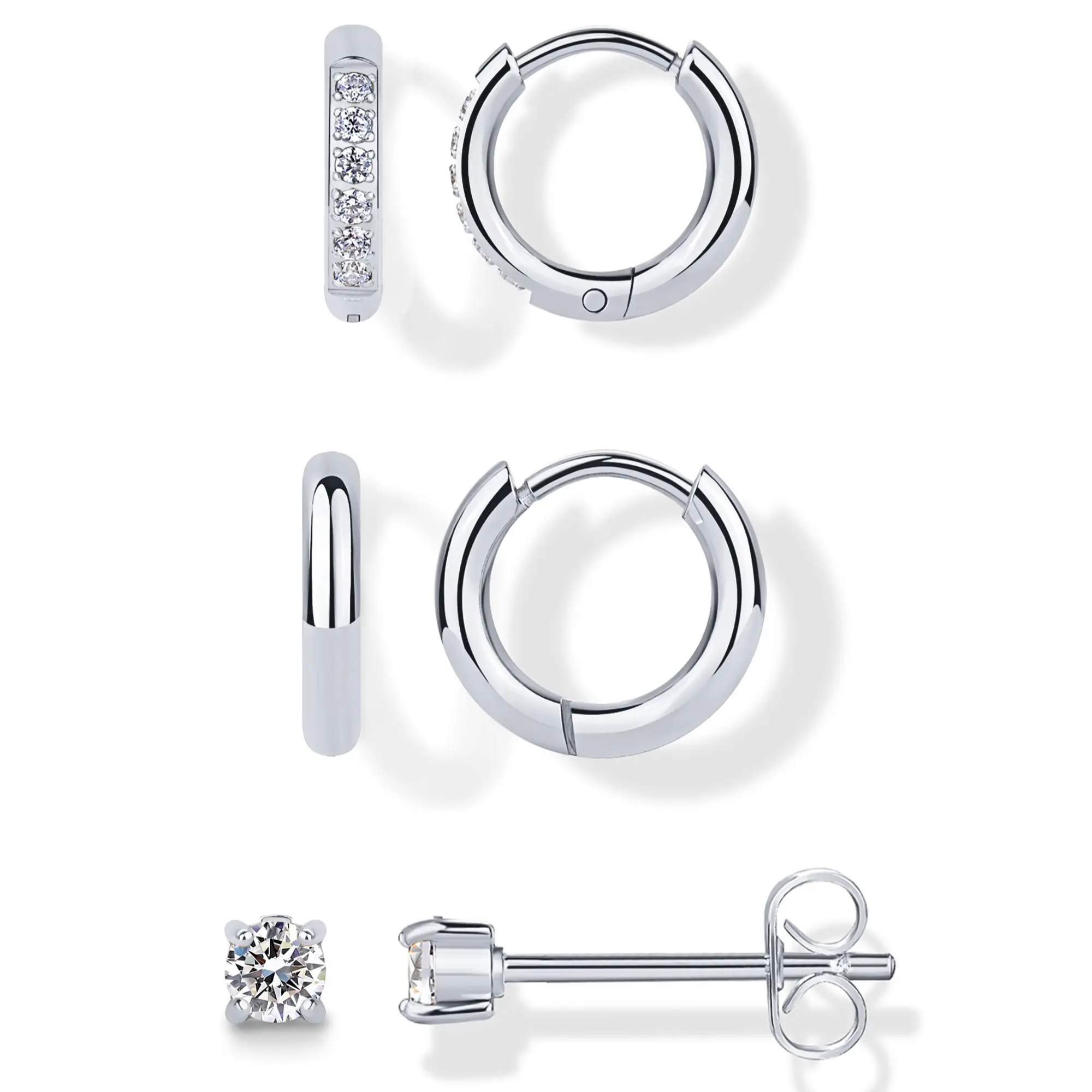 Stud & Huggie Hoop Set - White Gold