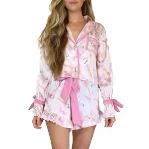 Women’s Christmas Two-Piece Pajama Set – Long-Sleeve Shirt Top and Shorts with Bow/Cartoon/Checkered Print