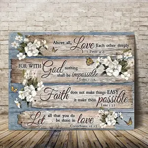 1 Piece of Country Farmhouse Wall Art with Bible Scriptures, Flower Design, Floral Design-Modern Framed Canvas for Living Room, Country Christian Decoration with First Epistle to the Corinthians 13:4-7, Poem 139:17