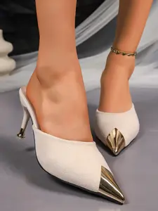 Metallic Pointed Toe Mules for Women, Vintage Office Shoes, Versatile Daily Wear, High Heel Slip-Ons, Fashionable Textile & Rubber Sole