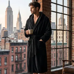 NY Threads Mens Robe with Hood, Luxury Plush Fleece Hooded Mens Bathrobe, Spa Bath Robe for Men