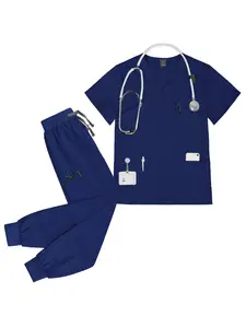 Multi Color Nurse Uniform Work Clothes Pet Frosted Top+long Pants Set Men's Short Sleeved Multifunctional Pocket Nursing Work Clothes