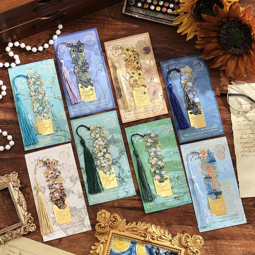 8 Piece Vintage Van Gogh Floral Metal Bookmarks, Hollow Out Design with Fringe, Office Supplies Gift for Readers, Writers, Teachers, Students