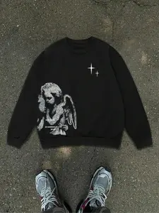 Trendy Unisex Sweatshirt, Mystical Angel Print, Ideal for Urban Mystery Style, Casual Fitted Design, Fall & Winter Fashion