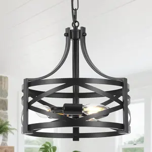 3-Light Black Chandelier, 12" Farmhouse Industrial Pendant Light Adjustable Chain for Dining Room Kitchen Island Foyer