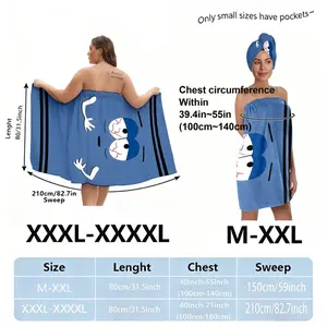 Blue Cartoon Face Bath Towel Skirt Set with Head Towel, Black Stripes, 3-Finger Hands, Light Gray Skirt & Panel Accessories - Plus Size (XXXXL) for Women, Perfect for Spa/Bath Time & Gift (Holiday Ready) - One Size