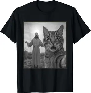 100% Cotton Jesus Cat Selfie Funny Religious Meme Photo T-Shirt