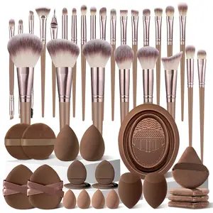 46Pcs Brown Makeup Brush Set Includes 25Pcs Brown Makeup Brushes, Three Types Makeup Sponges, Triangle Puffs, Cleaning Brush, Double Belt Makeup Puffs, Finger Puffs, Circular Puff - Foundation, Concealer & Eye Shadow Brushes for Easy Maintenance