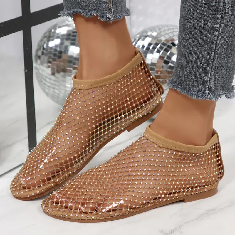 Women's Fishnet Mesh Flats - Rhinestone Gem Sandals Low Heel Slip On Stocking Sandals