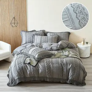 Washable tufted duvet cover set (2/3 counts) - Decorative duvet cover, geometric vertical stripes and tassels, gray bedroom decoration, soft, comfortable and breathable polyester bedding, romantic bohemian style, farmhouse-style gift, unisex.