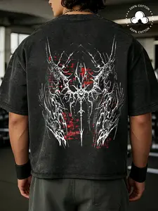 Men's Heavyweight Oversized T-Shirt - Cyber Gothic Liquid Metal Back Print - Vintage Acid Wash Charcoal Grey Tee - Premium Cotton Boxy Fit Streetwear Top for Men & Women
