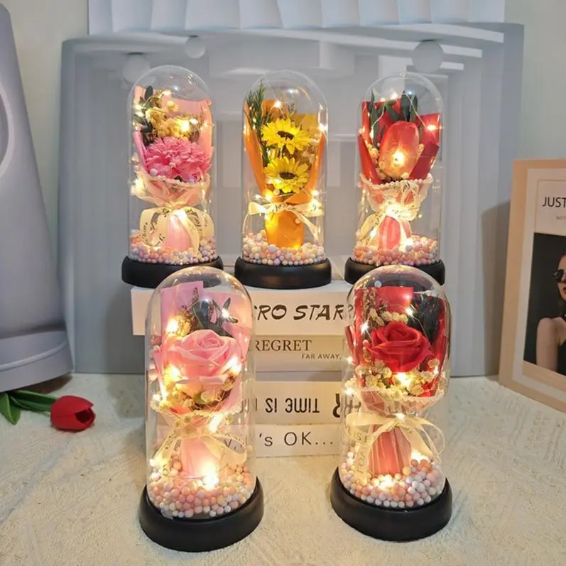 Lighted Acrylic Dome Preserved Flower Bouquet - LED Lights Decorative Arrangement with Roses, Carnations & Tulips,Cute Indoor Recreation Centerpiece, Birthday/Ceremony Mom Gift for Home Ambiance, Room Decor