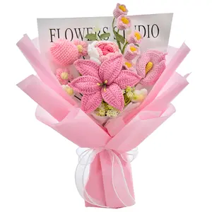 Mother’s Day Gift, YShomy Handmade Crochet Flower Bouquet with Rose, Tulip, Lily of the Valley & Cala Lily, Graduation Gift, Birthday, Anniversary Gift for Her, Girlfriend, Wife, Friend, Includes Card, Decorative, Elegant Gift