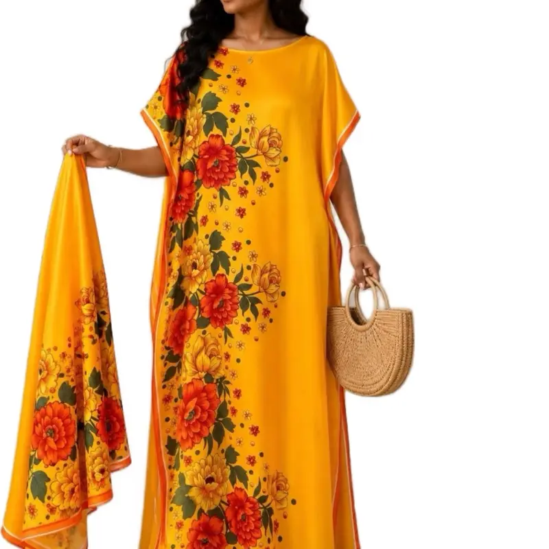 Women's Elegant Floral Moo Moo Kaftan Maxi Dress, with Matching Head Scarf, 1 Size Fits Most