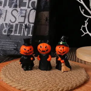 3pcs Halloween Mini Pumpkin Devil & Gentleman Ornaments, Resin Crafts, Decorations for Party, Home and Desktop