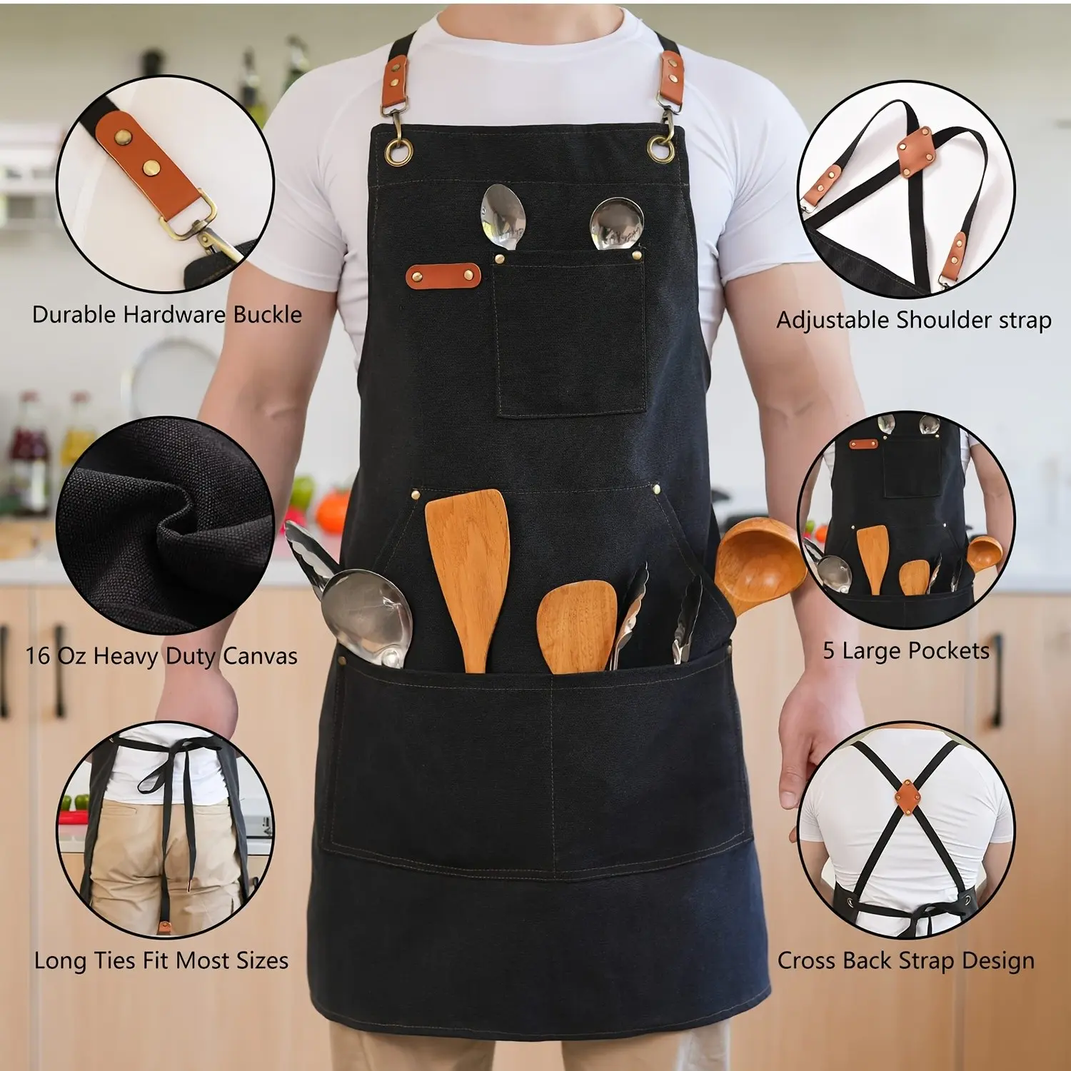 Durable Professional Work Apron for Men - Made from 16Oz Canvas with a Crossback Style And Extra Large Pockets, Ideal for Cooking, Barbecuing, Gardening, And Workshop Safety