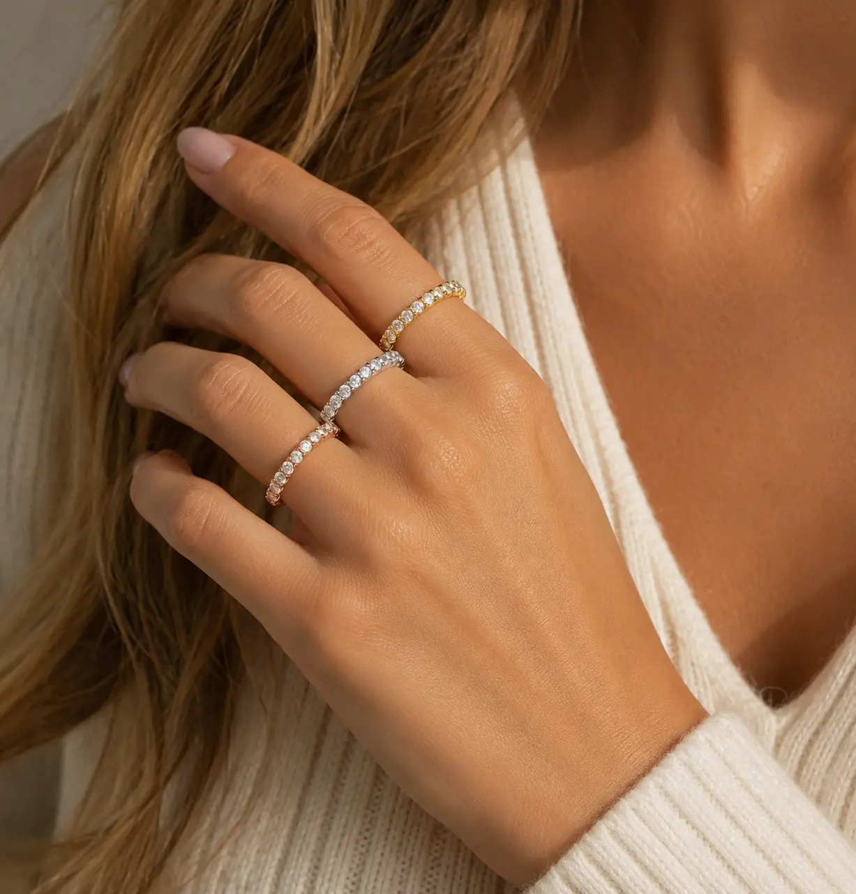 Round CZ Stackable Eternity Ring for Women, Sparkling Cubic Zirconia Band, Gold Silver Rose Gold, Promise Wedding Ring, Luxury Jewelry Gift for Her, Birthday Anniversary Valentine's Day Gift