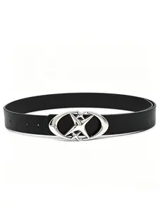 American Vintage Star Oval Buckle Men's Belt, Versatile PU Leather Texture Waistband, Trendy Fashion Accessory for All Seasons, Casual Waist Belt