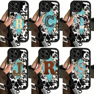 NganGee Western Cowprint Turquoise Initial Lanyard Phone Case, Cowgirl TPU Shock-Resistant Protective Cover for iPhone 17,16 Pro Max,15 Plus,14,13,12,11 Pro Max Plus #TYJTZM7