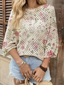 Spring Summer Women's Hollow Out Batwing Sleeve Knit Top, Floral Plant Print, Casual Elegance Commute Wear, Bohemian Beach Cover-Up, Womenswear