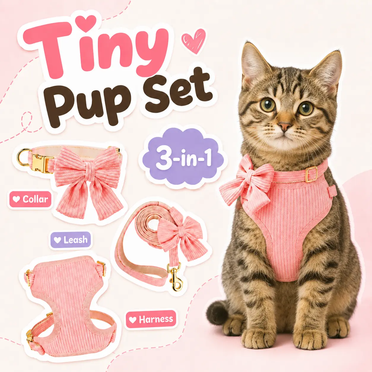Princess-Style Pink Bow 3-in-1 Cat Harness Set Pack, Soft Breathable Vest Harness with Matching Collar & Leash for Small-Medium Kittens