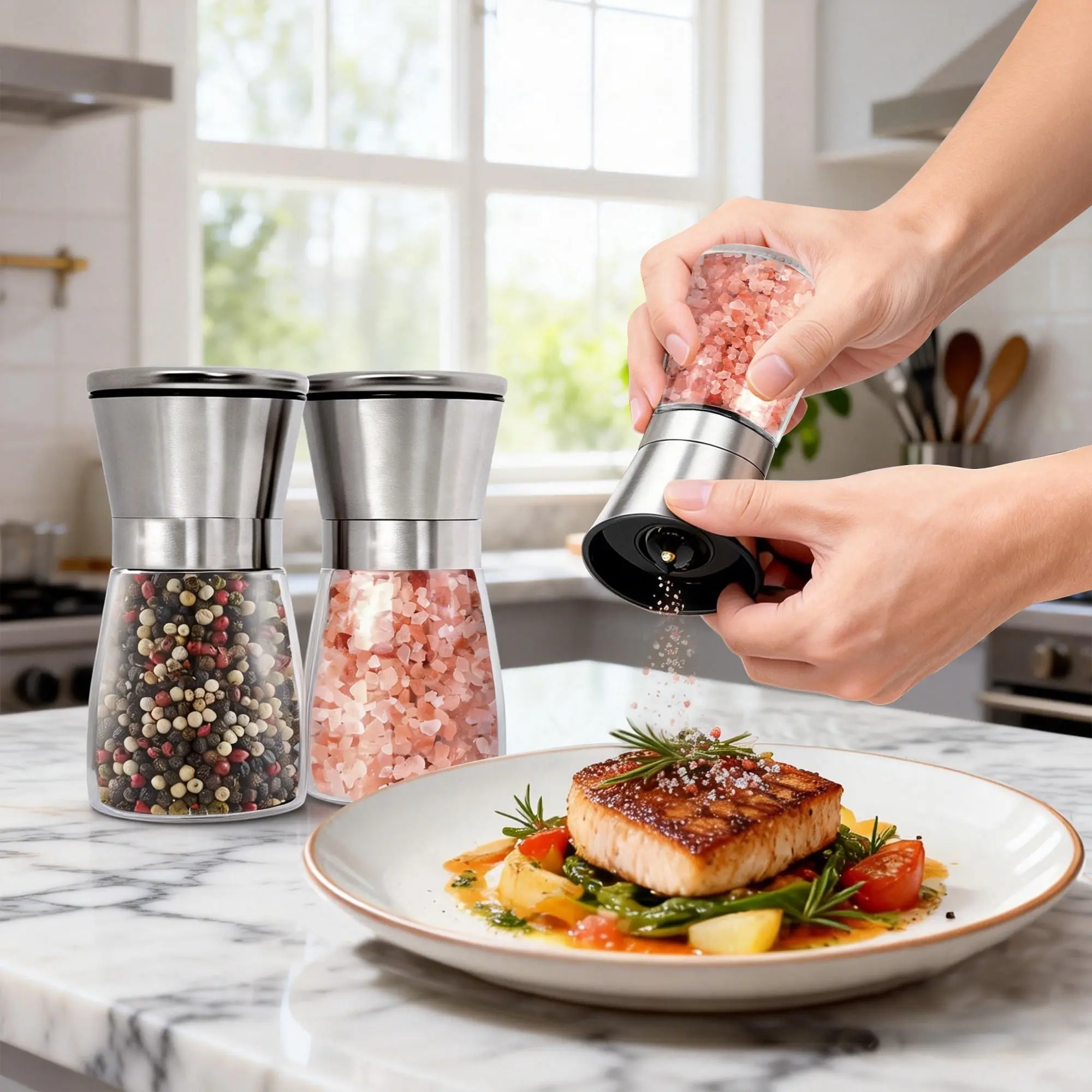 2-Pack Stainless Steel Salt and Pepper Grinder Set, Adjustable Coarseness Manual Spice Mills for Sea Salt, Black Pepper
