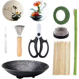 Flower Arrangement Kit, Set of 51, Round Flower Holders, Ceramic Flower Pot, Kenzan Needle Cleaning Pin & Rake, Floral Stems and Floral Tape for Flower Arranging Art