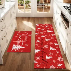 2Pcs Christmas And New Year Printed Kitchen Floor Mat Set With Red Christmas Tree Sketches Farmhouse Kitchen Carpet Restaurant Floor Laundry Room Decoration Carpet Mat