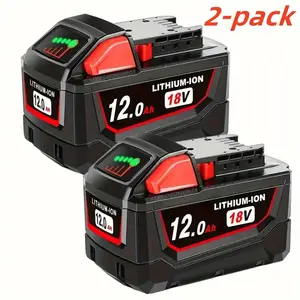 2PACK 12.0Ah Replacement For Milwaukee M18 Battery Replacement For 18V 12.0 Ah Lithium-Ion High Output Battery 48-11-1865 48-11-1862, 48-11-1820 Compatible With 18 Volt Power Tools And Chargers