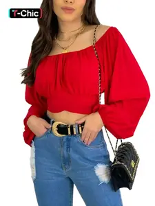 Women's Plain Tie Back Off Shoulder Crop Tee Top, Casual Feminine Chic Fit Bishop Sleeve T-shirt for Daily Wear, Ladies Clothes for All Seasons