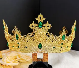 Gold King Lion Crown, Prince Wedding Headpiece, Green Crystal Crown for Groom, Masquerade Ball Crown, Homecoming King Crown, Birthday Crown