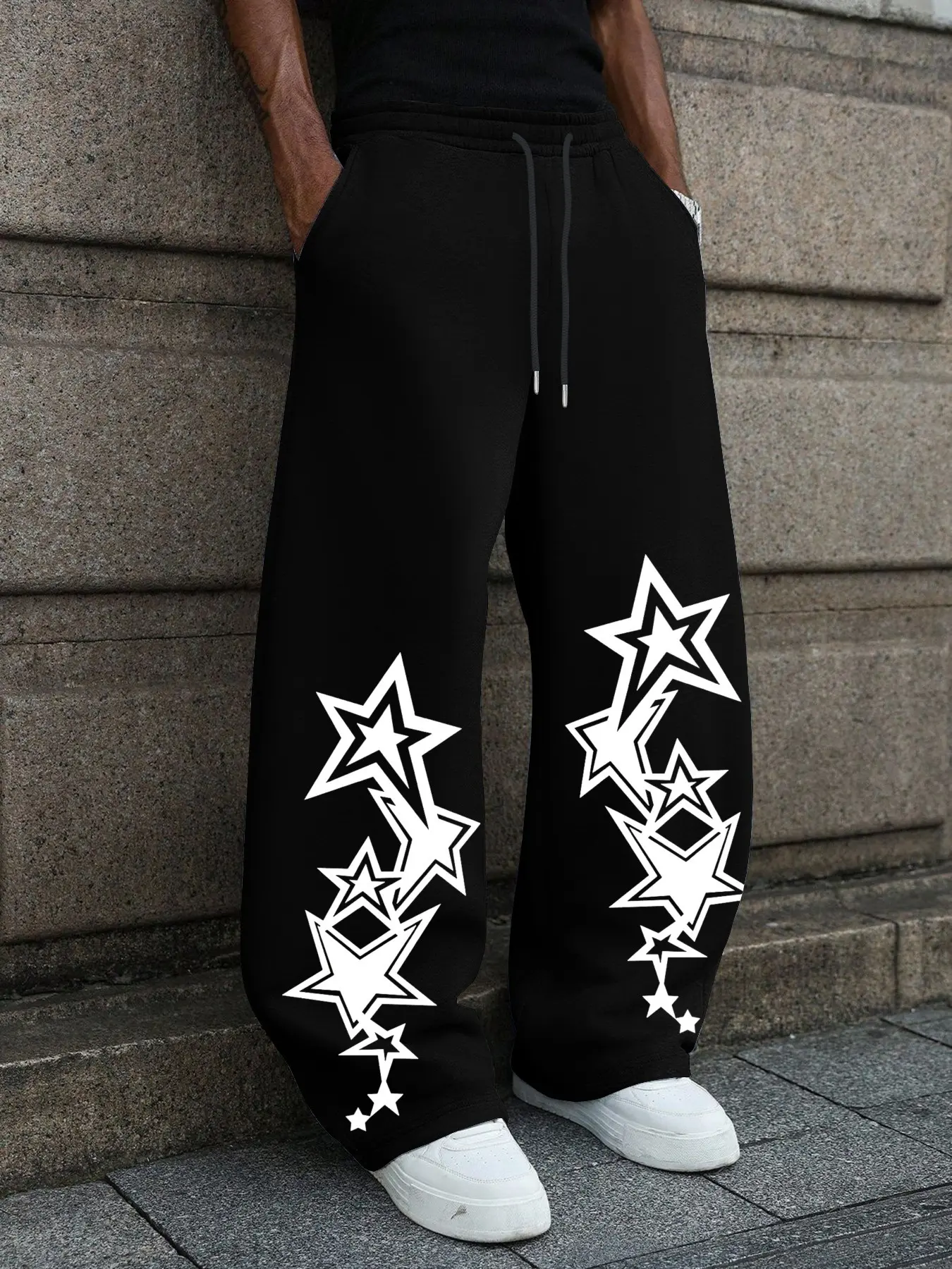 Stars Print Geometric American High Street Wide Leg Pants, Loose Fit Straight Leg Hip Hop Casual Loose Comfy Pants, Casual Comfy Trouser, Casual Streetwear Trousers, Daily Skateboard Fashion