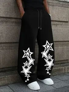 Stars Print Geometric American High Street Wide Leg Pants, Loose Fit Straight Leg Hip Hop Casual Loose Comfy Pants, Daily Skateboard Fashion