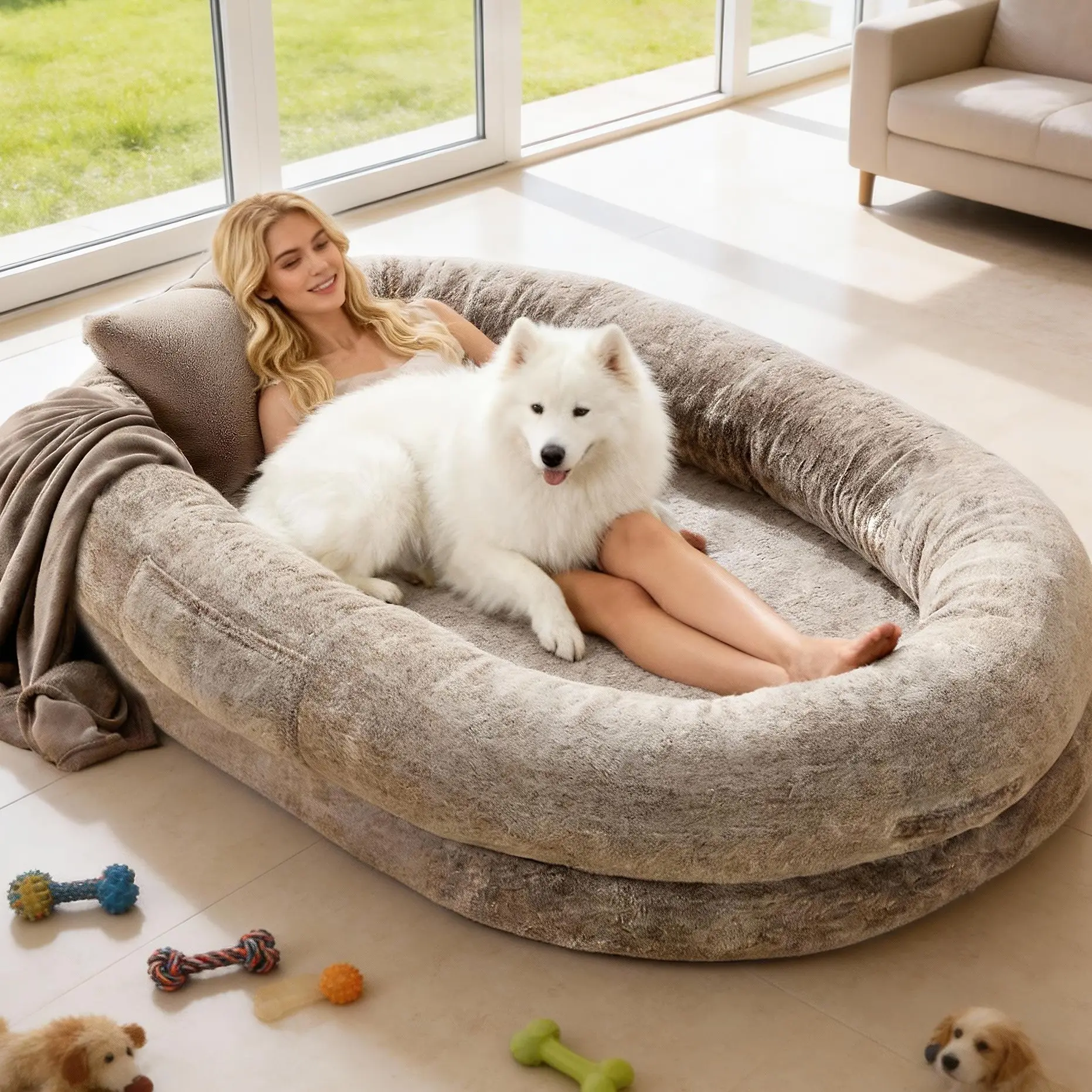Large Human & Pet Faux Fur Orthopedic Lounger Bed with Pillow & Blanket, 68'' x 35'' x 14'' Machine Washable Relaxing Lounge for Watch Parties, Easy-Care Indoor Furniture Gift for Pet Lovers loft bed dorm essentials day bed full size bed