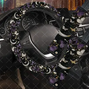 3Pcs/Set Butterfly & Moon Car Interior Set, Car Interior Accessory, Girly Car Interior Sets, Dark Style, Includes Steering Wheel Cover, Car Seat Belt Cover, No Inner Ring, Vehicle Interior Upgrade, Durable Material, Car Enthusiasts, Gift For Drivers
