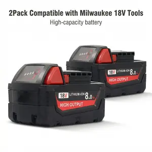 Milwaukee 18V Tool Replacement Battery 2-Pack 8.0Ah, High-Capacity Lithium-Ion Battery, Compatible with Milwaukee M18 Series Models: 48-11-1850, 48-11-1862, 48-11-1880