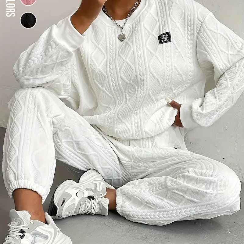 Women's Solid Patched Drop Shoulder Sweatshirt & Elastic Waist Pants Two-piece Set, Casual Fitted Set, Casual Fashion Cozy Round Neck Long Sleeve Pullover & Trousers for Daily Wear, Ladies Two-piece Outfits for Fall & Winter